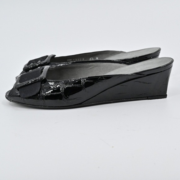 Stuart Weitzman Peep Toe Wedges Womens Sz 6.5 Black Patent Croc Embossed Slip On - Picture 4 of 9